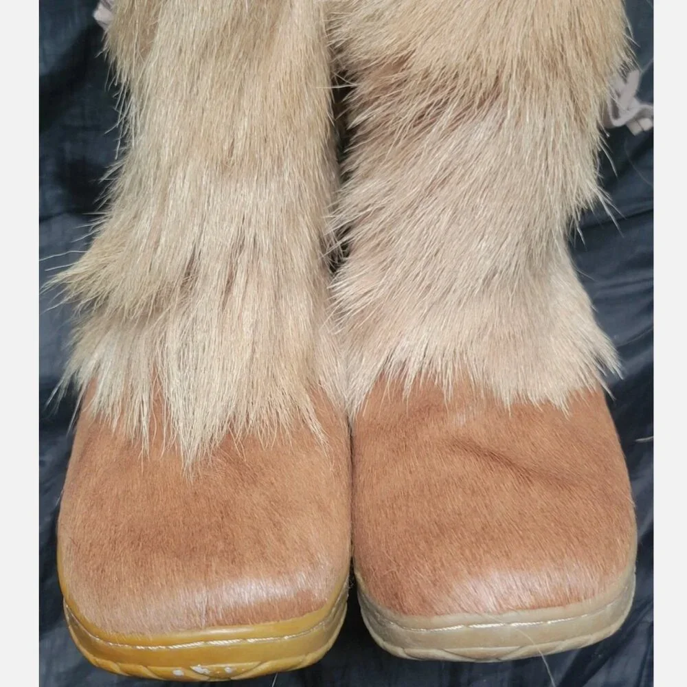 BearPaw KOLA Apres Ski Boots Sz 7 Real Fur Sheepskin Calf Goat Skin Wool Tan - Picture 11 of 16